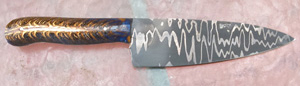6 inch Damascus chef knife with purple and gold stabalized pinecone handle