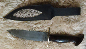 Damascus Drop Point Knife with Snakeskin Inlay Sheath